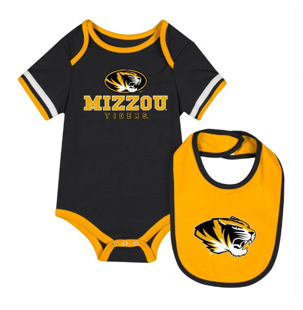 Mizzou Tigers Colosseum Onesie Tiger Head with Bib Black and Gold Set