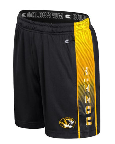 Mizzou Tigers Colosseum Youth Lumen Mizzou Down the Leg Tiger Head Black and Gold Shorts