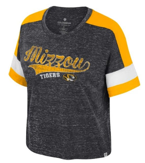 Mizzou Tigers Colosseum Women's Scoop Neck Ruth Distressed Mizzou Oval Tiger Head T-Shirt