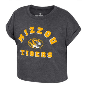 Mizzou Tigers Colosseum Youth Girls Sparkle Rhinestone Oval Tiger Head Black Crop Top T-Shirt