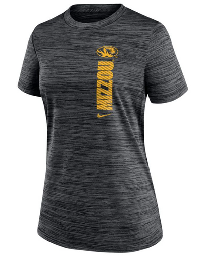 Mizzou Tigers Nike® 2024 Women's Velocity Team Issue Vertical Mizzou Oval Tiger Head Black T-Shirt