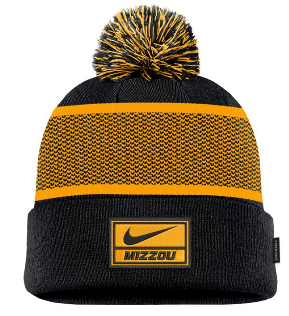 Mizzou Tigers Nike® 2024 Youth Sideline Peak Cuff Pom Oval Tiger Head Black and Gold Beanie