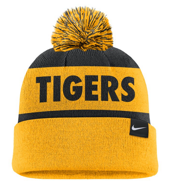 Mizzou Tigers Nike® 2024 Oval Tiger Head Peak Stripe Cuff with Pom Black and Gold Beanie