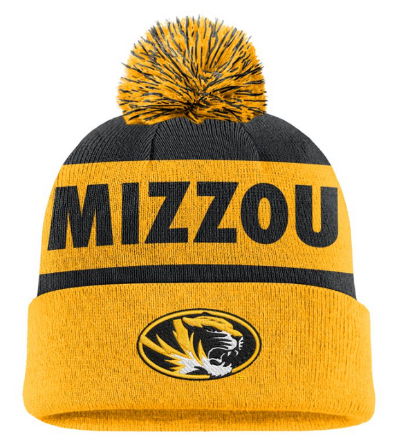 Mizzou Tigers Nike® 2024 Oval Tiger Head Peak Stripe Cuff with Pom Black and Gold Beanie