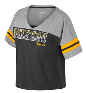 Mizzou Tigers Colosseum Women's V-Neck Treasure Rhinestone Colorblock T-Shirt