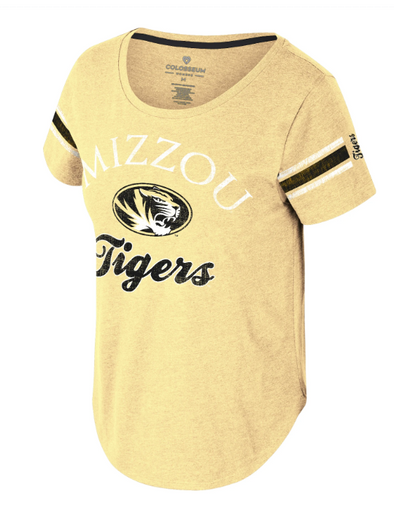 Mizzou Tigers Colosseum Women's Lovemore Scoop Neck Oval Tiger Head Gold T-Shirt