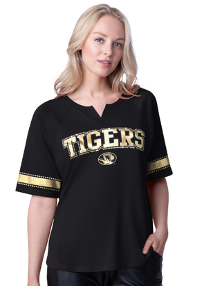 Mizzou Tigers G-III 4Her Sports Womens Tigers Oval Tiger Head Oversized Gold Foil Black T-Shirt