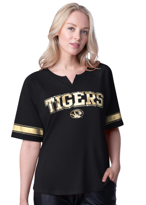 Mizzou Tigers G-III Sports Womens Tigers Oval Tiger Head Oversized Gold Foil Black T-Shirt