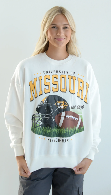 Mizzou Tigers Juniors Gameday Social Malone Oversized Football with Helmet White Sweatshirt