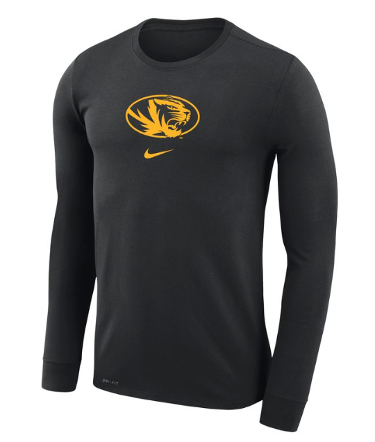 Mizzou Tigers Nike® 2024 Basketball Black Oval Tiger Head Long Sleeve Shooting Shirt