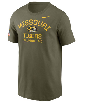 Mizzou Tigers Nike® 2024 Columbia Missouri Military Appreciation Oval Tiger Head Flag Green T-Shirt