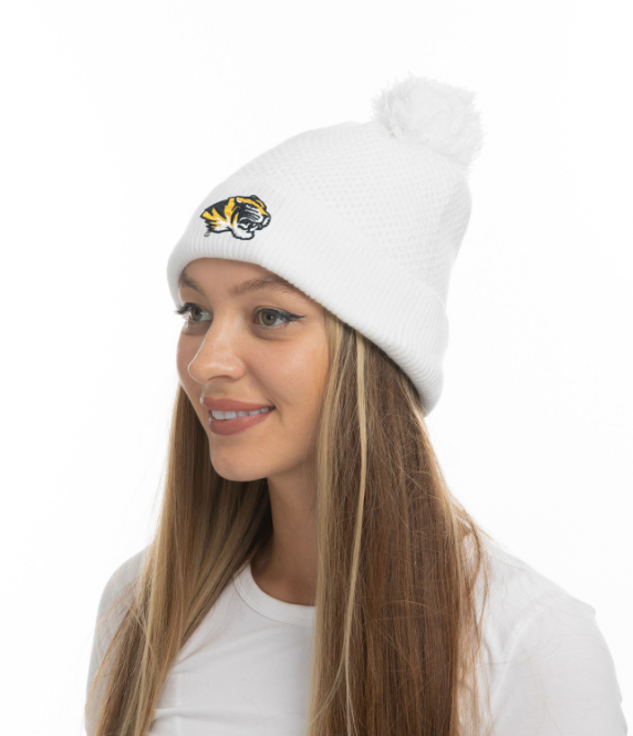 Mizzou Tigers Tiger Head Knit White Beanie with Pom