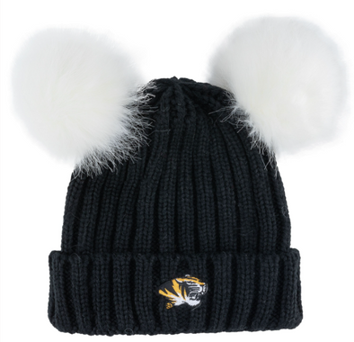 Mizzou Tigers Youth Two Pom Tiger Head Black and White Knit Beanie