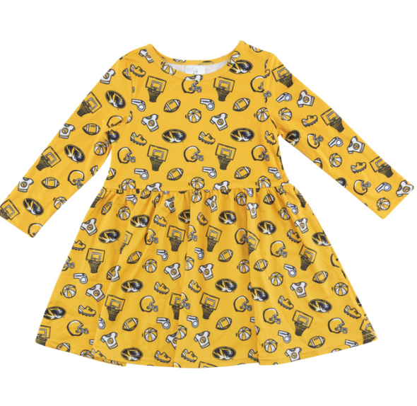 Mizzou Tigers Toddler All Over Sports Symbols Gold Long Sleeve Dress