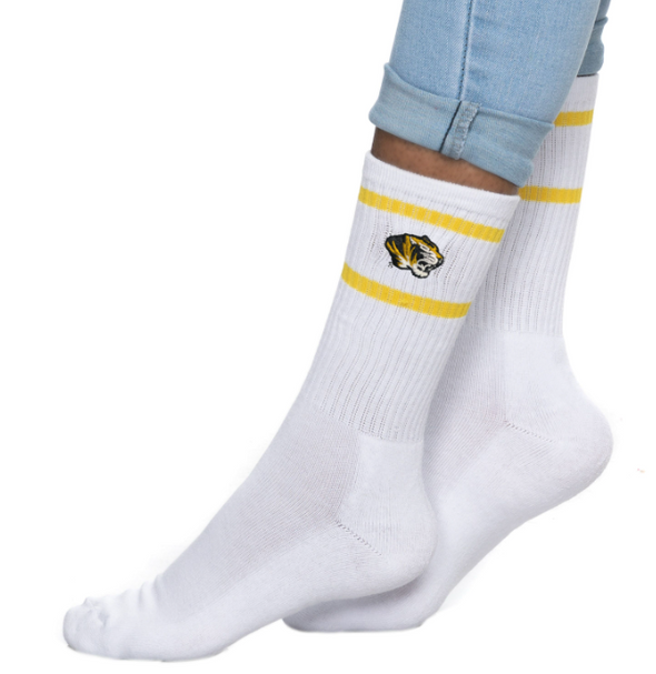 Mizzou Tigers Gold Stripe Tiger Head Crew Socks