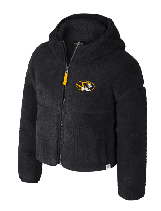 Mizzou Tigers Colosseum Girls Maggie Sherpa Fur Oval Tiger Head Black Full Zip Jacket