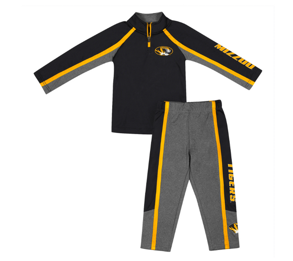 Mizzou Tigers Colosseum Toddler 1/4 Zip Top and Pants Tiger Head Black and Grey Set