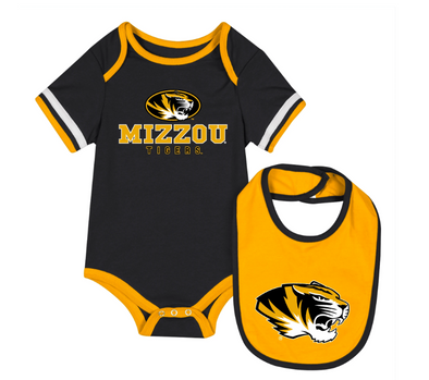 Mizzou Tigers Colosseum Infant Tiger Head Black Onesie with Gold Bib