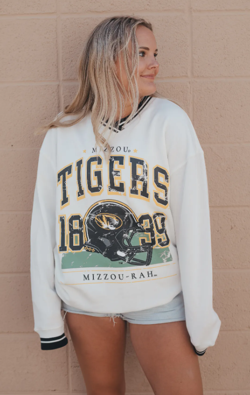 Mizzou Tigers Juniors Gameday Social V-Neck Varsity Tiger Football Helmet White Sweatshirt