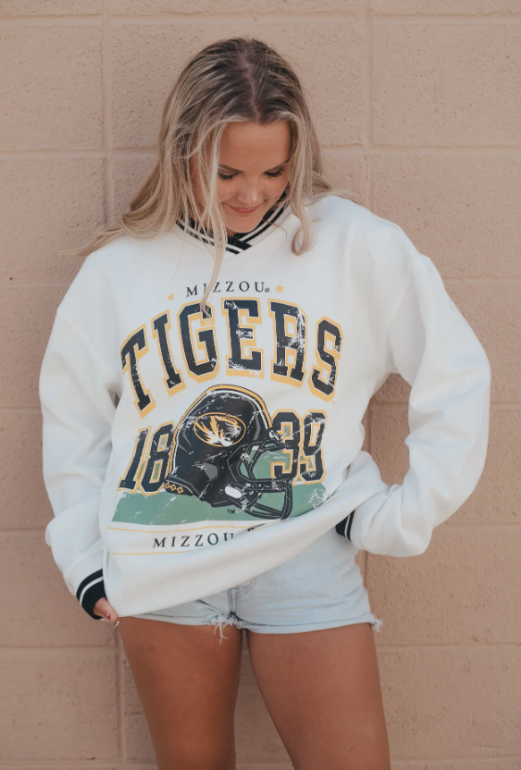 Mizzou Tigers Juniors Gameday Social V-Neck Varsity Tiger Football Helmet White Sweatshirt