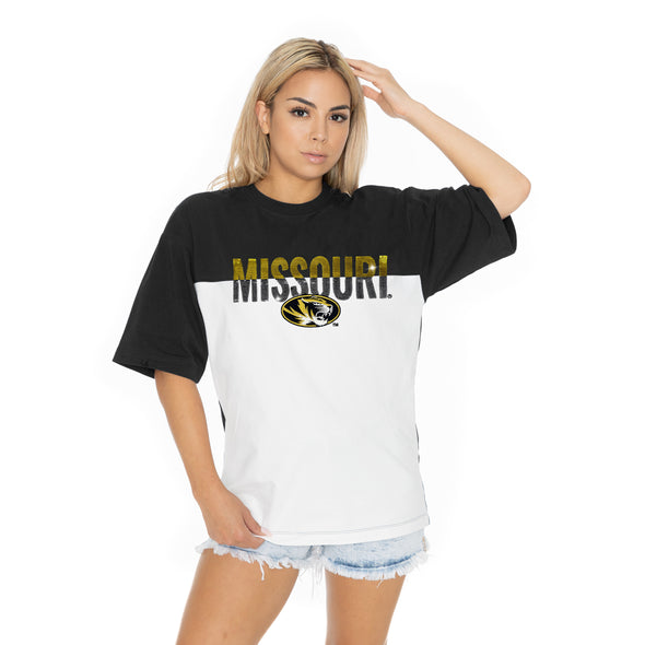 Mizzou Tigers Women's Gameday Couture Split Decision Sequin Oval Tiger Head Black and White T-Shirt