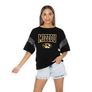 Mizzou Tigers Women's Gameday Couture Irresistible Rhinestone Fringe Oval Tiger Head Black T-Shirt