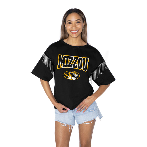 Mizzou Tigers Women's Gameday Couture Irresistible Rhinestone Fringe Oval Tiger Head Black T-Shirt