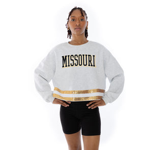 Mizzou Tigers Women's Gameday Couture Victory Vibes Missouri Metallic Shimmer Grey Sweatshirt