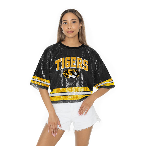 Mizzou Tigers Women's Gameday Couture Own the Game Sequin Tigers Oval Tiger Head Black Crop Jersey