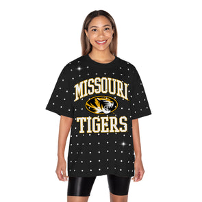 Mizzou Tigers Women's Gameday Couture In the Zone Oversized All Over Rhinestones Missouri Oval Tiger Head Black T-Shirt