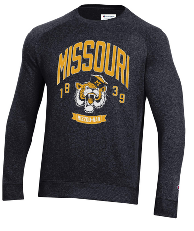 Mizzou Tigers 2024 Champion® TAM Student Designed Vault Tiger Missouri 1839 Black Sweatshirt