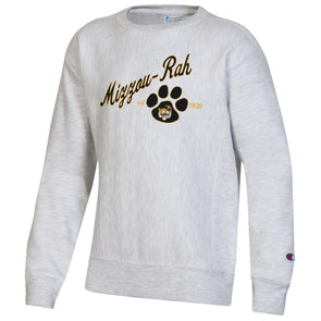 Mizzou Tigers 2024 Champion® TAM Student Designed Youth Vault Paw Mizzou- Rah Script  Grey Sweatshirt