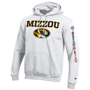 Mizzou Tigers Champion® SEC All Teams Sleeve Mizzou Oval Tiger Head White Hoodie