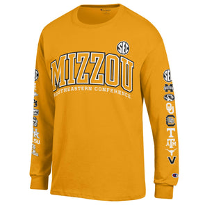 Mizzou Tigers Champion® SEC All Teams on Sleeves Gold Long Sleeve T-Shirt