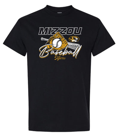 Mizzou Tigers 2025 Bat and Glove Oval Tiger Head Black Baseball T-Shirt