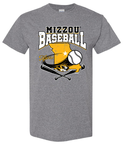 Mizzou Tigers 2025 Oval Tiger Head State of Missouri Baseball Bat Grey T-Shirt