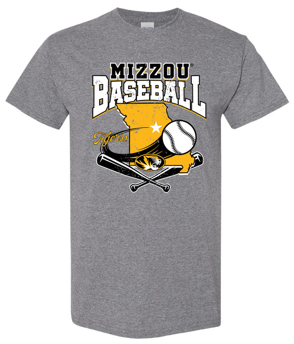 Mizzou Tigers 2025 Oval Tiger Head State of Missouri Baseball Bat Grey T-Shirt