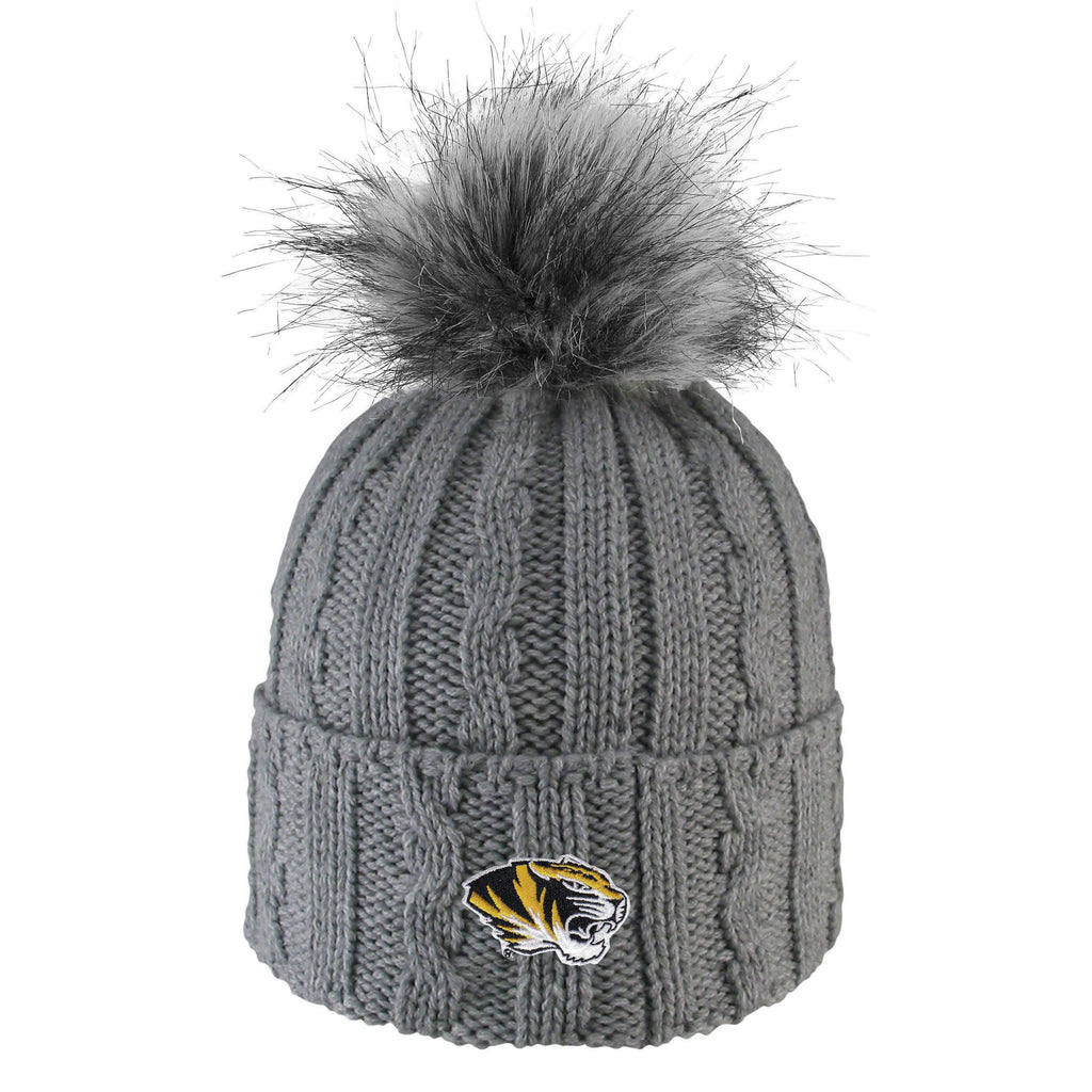 Mizzou Tiger Head Women's Cable Knit Cuff Faux Fur Pom Grey Beanie