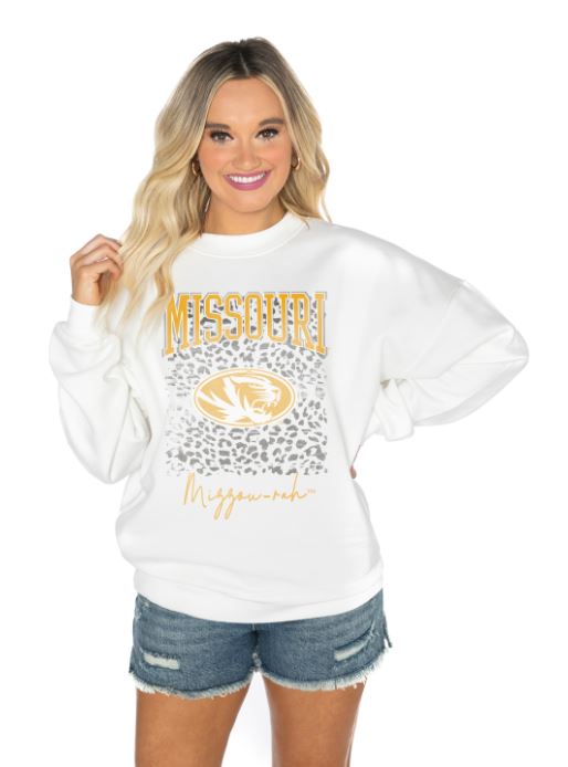 Mizzou Tigers Women's Gameday Couture Mizzou RAH Oval Tiger Head Cheetah White Sweatshirt